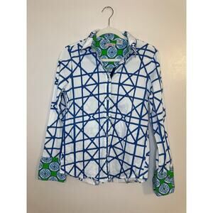 Dizzy Lizzie Tizzie Womens Long Sleeve Button Up Blue Green Preppy Shirt Medium